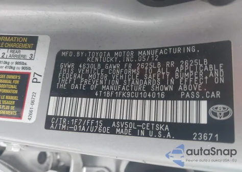 2012 Toyota Camry Se из США, поврежденный, VIN 4T1BF1FK9CU104016